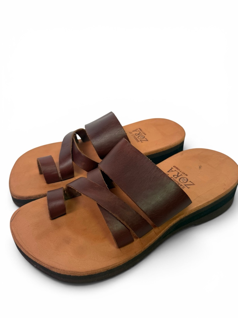 Handmade Brown Leather Toe Loop Slide Sandals Women’s 7.5 sandals by zora